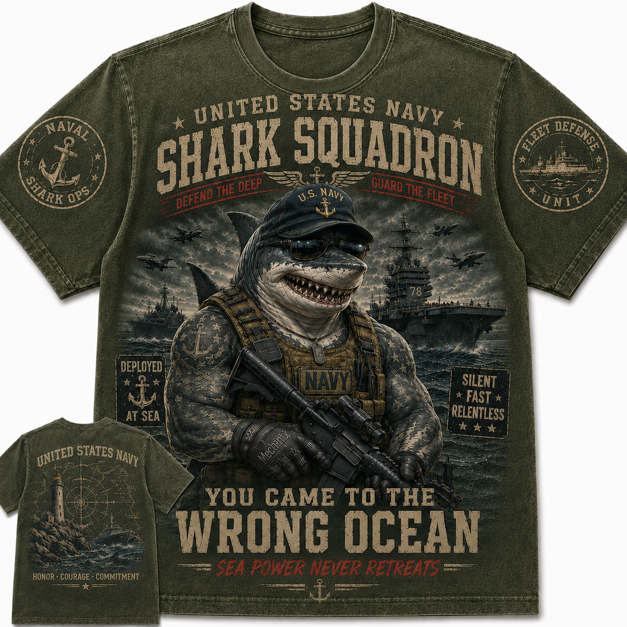 United States Navy Shark Squadron Vintage Military Shark Graphic T-Shirt