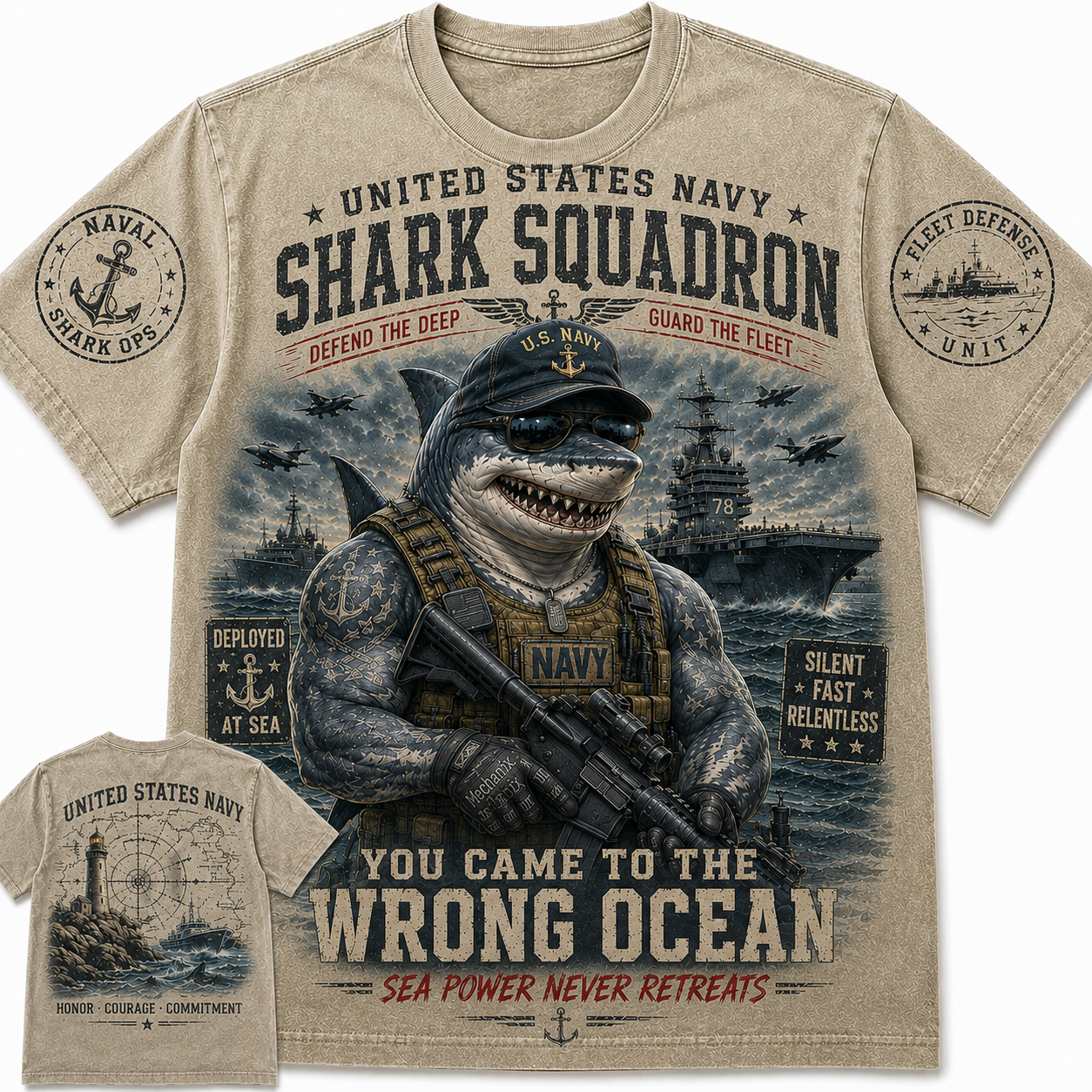 United States Navy Shark Squadron Vintage Military Shark Graphic T-Shirt