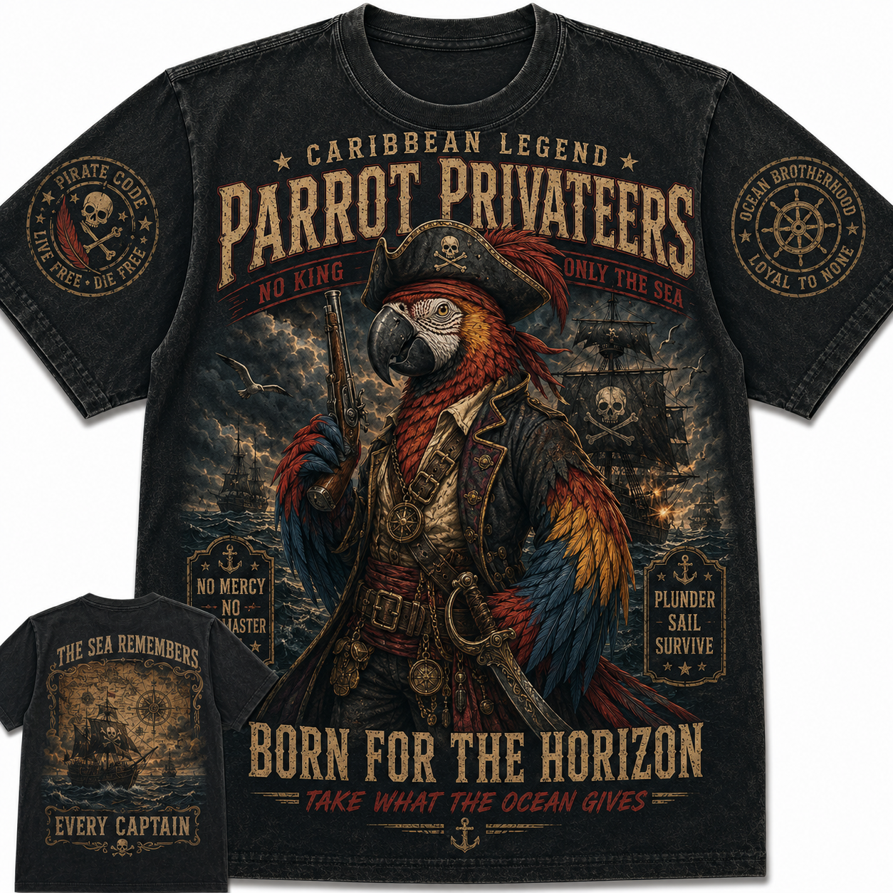 Pirate Parrot Privateers Skull Captain Graphic T-Shirt