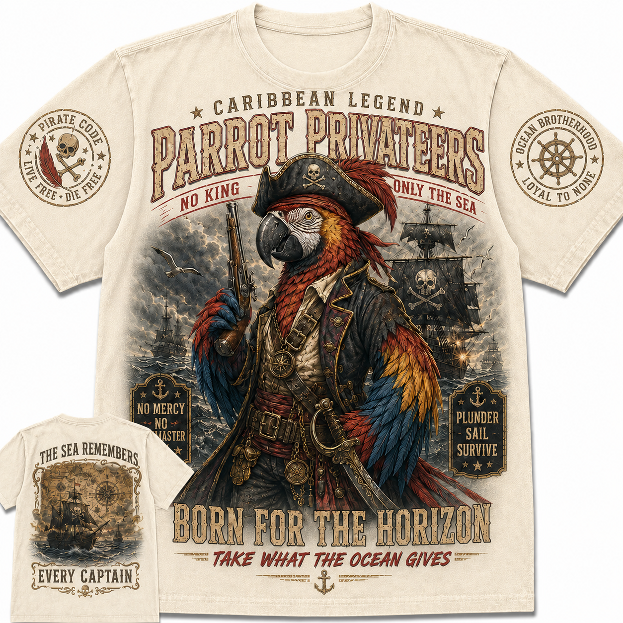 Pirate Parrot Privateers Skull Captain Graphic T-Shirt
