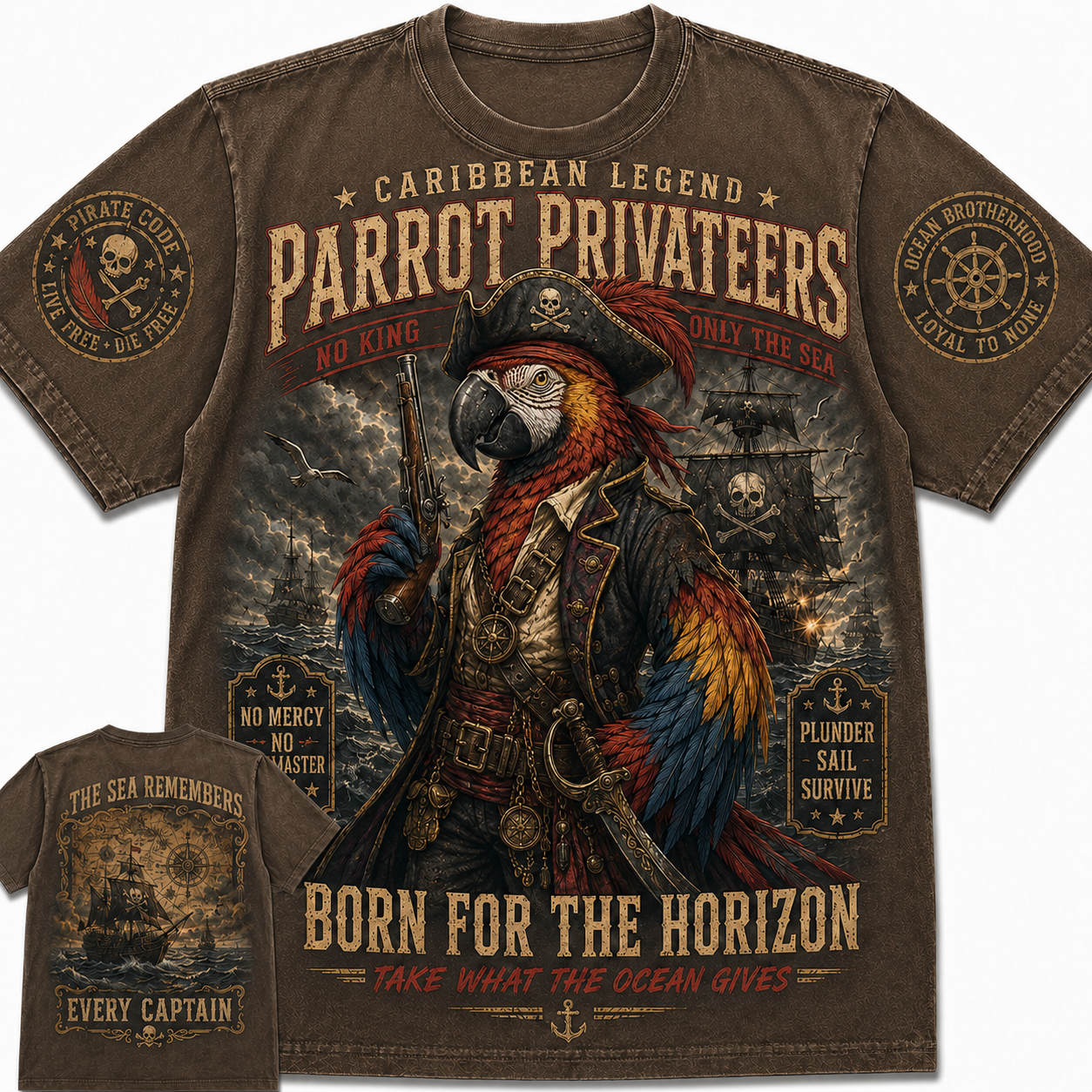 Pirate Parrot Privateers Skull Captain Graphic T-Shirt