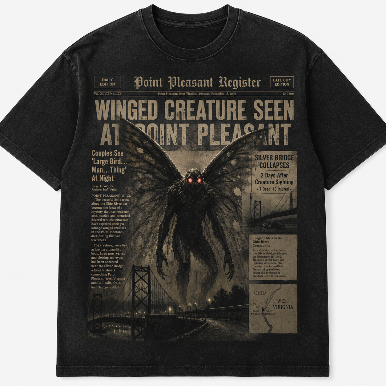 Mothman Point Pleasant Vintage Horror Newspaper Tee