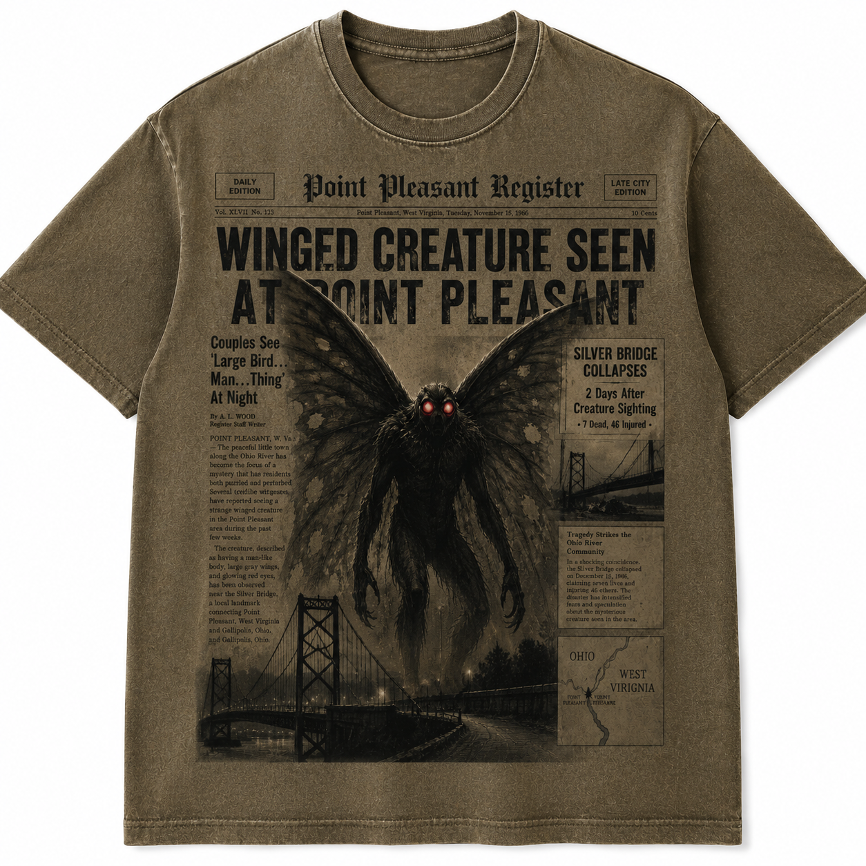 Mothman Point Pleasant Vintage Horror Newspaper Tee
