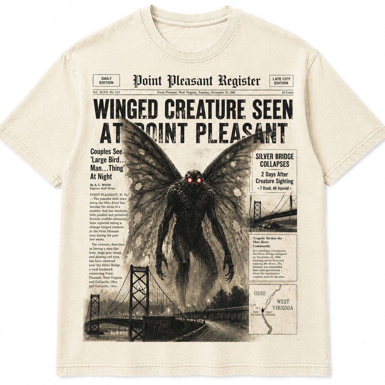 Mothman Point Pleasant Vintage Horror Newspaper Tee