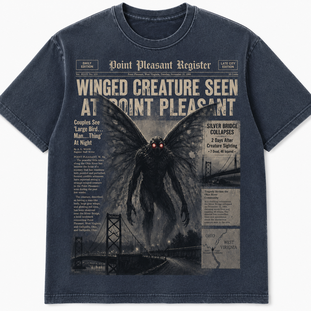 Mothman Point Pleasant Vintage Horror Newspaper Tee