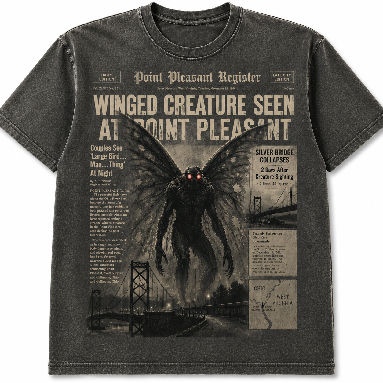 Mothman Point Pleasant Vintage Horror Newspaper Tee