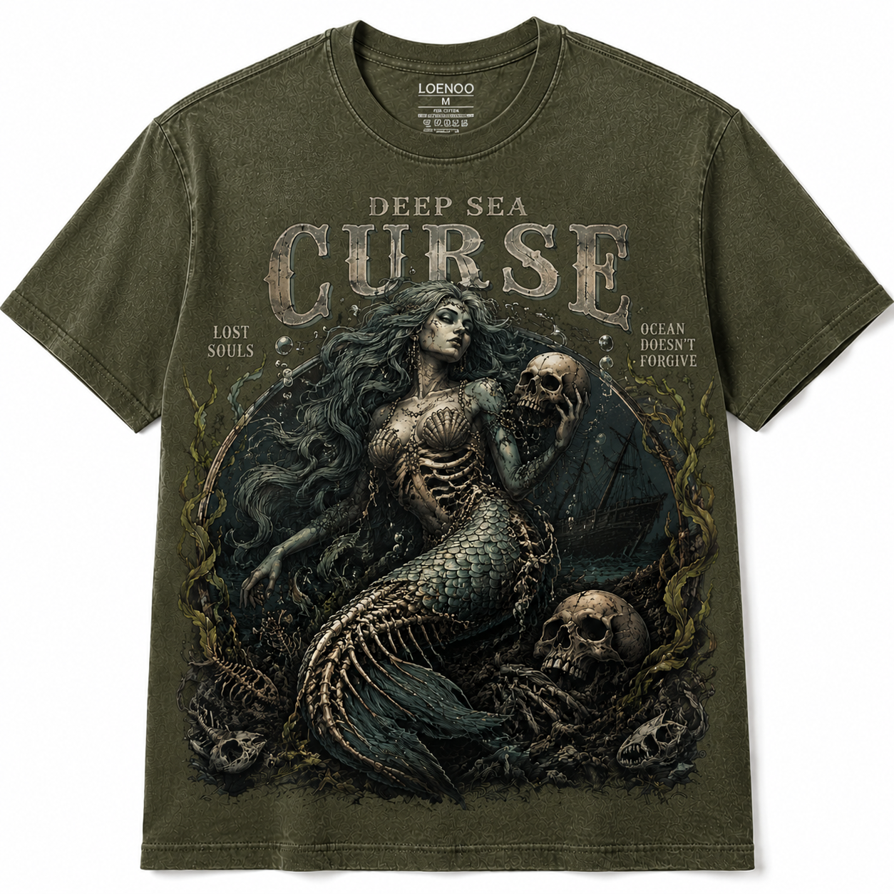 Deep Sea Curse Vintage Mermaid Skull Graphic Tee