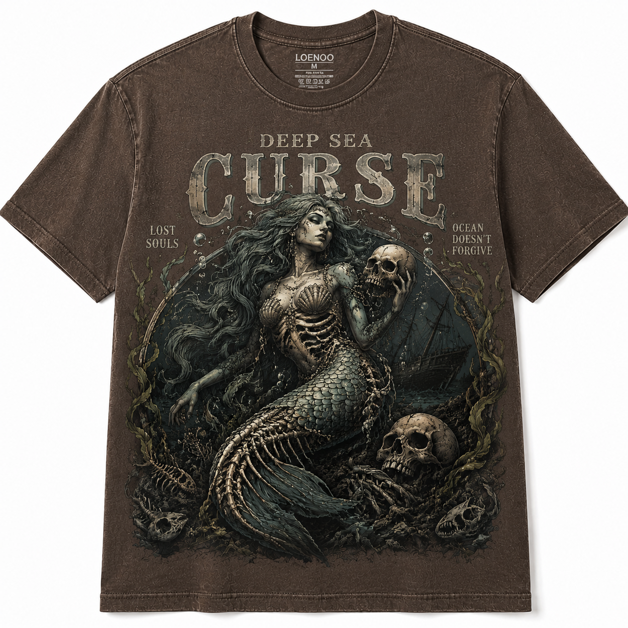 Deep Sea Curse Vintage Mermaid Skull Graphic Tee