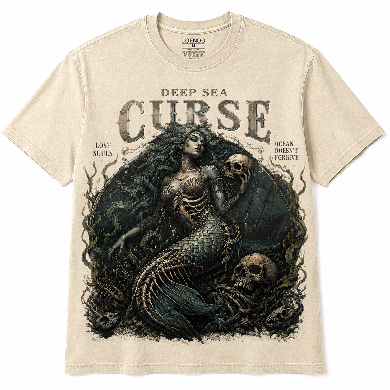 Deep Sea Curse Vintage Mermaid Skull Graphic Tee