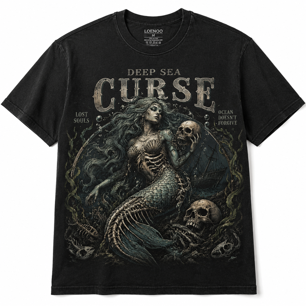 Deep Sea Curse Vintage Mermaid Skull Graphic Tee