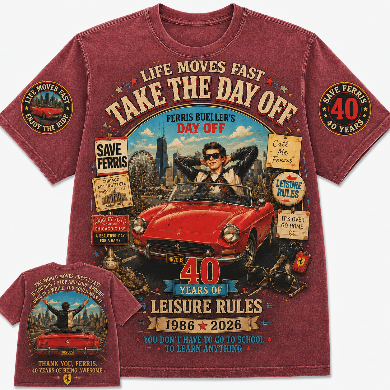Ferris Bueller Day Off 40 Years Vintage Graphic Tee