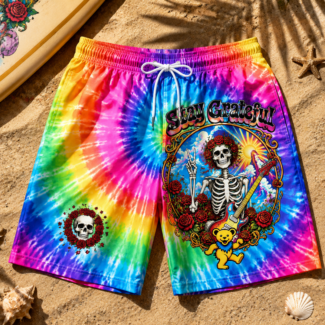 🌈💀 Stay Grateful Skeleton Bear Tie-Dye Shorts