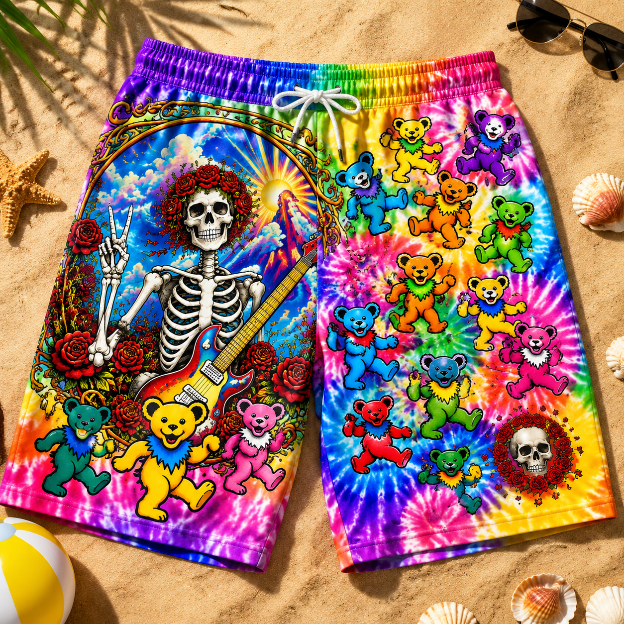 🌈💀 Stay Grateful Skeleton Bear Tie-Dye Shorts