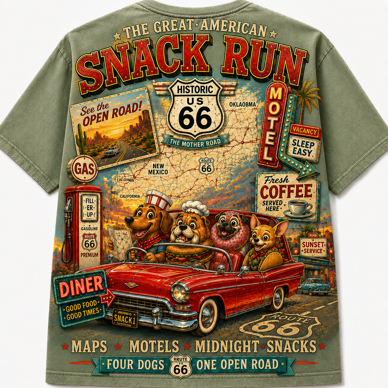 Route 66 Snack Run Four Dogs Road Trip T-Shirt