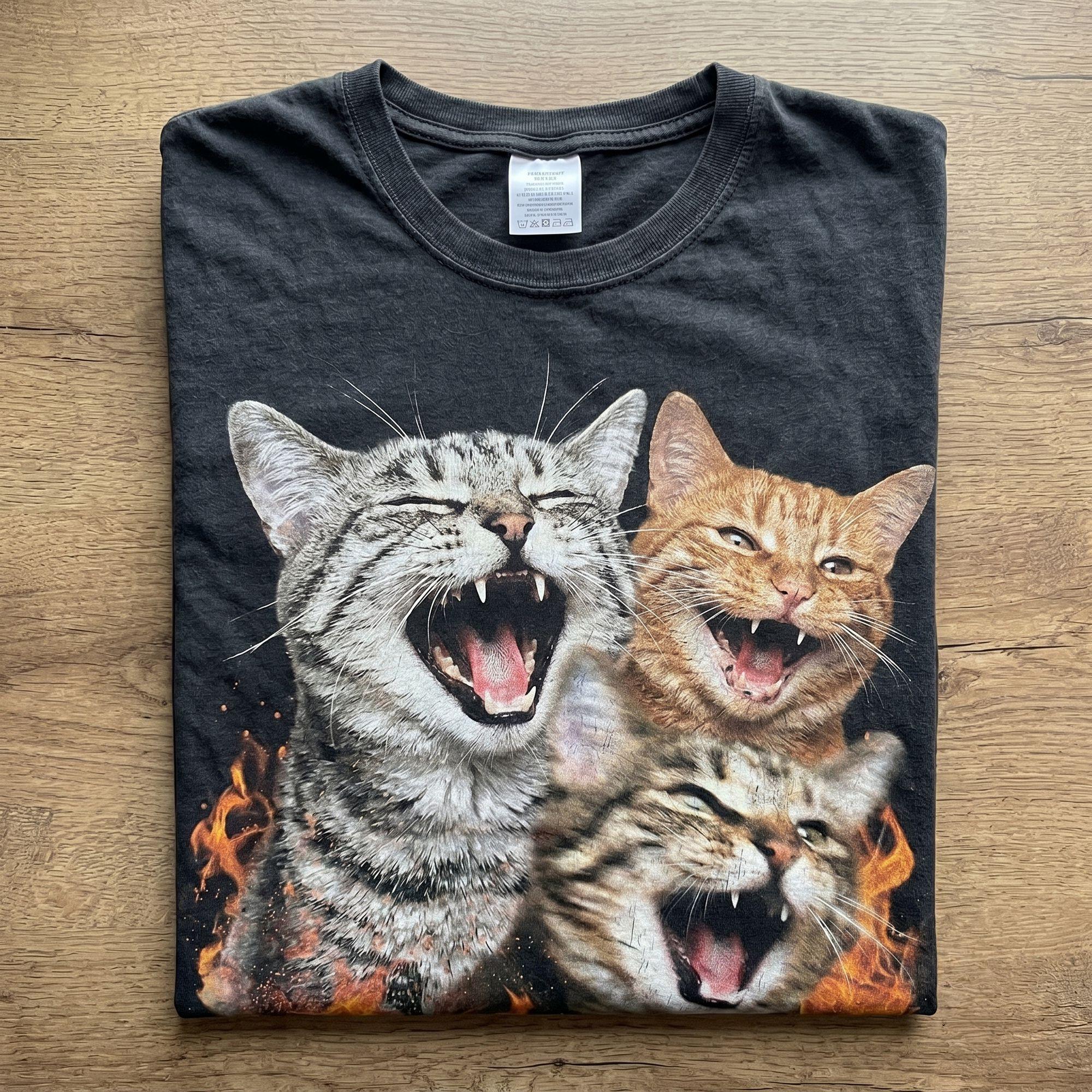 "Screaming Cats" Chaotic Meme Tee | Three Overlapping Cats + Flames | Emotional Explosion Graphic