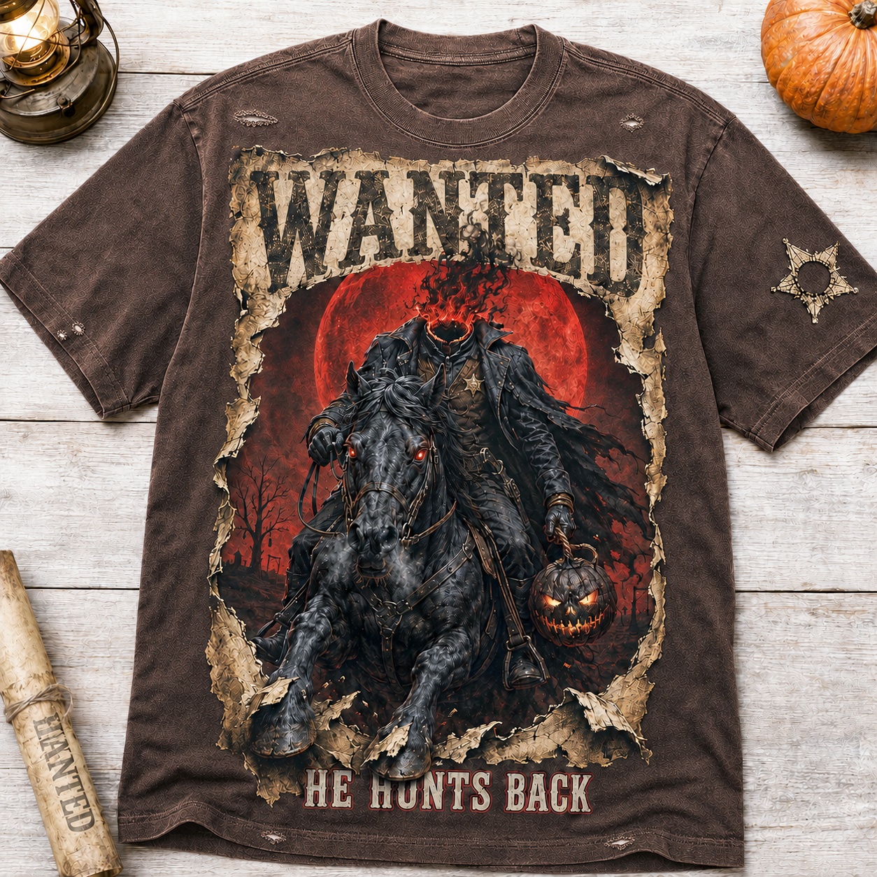 He Hunts Back Headless Horseman Halloween Tee