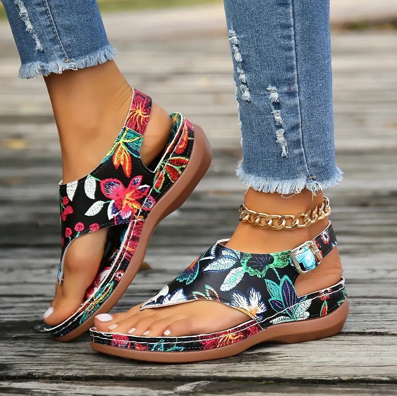 Embroidery Orthopedic Comfy Slipper Wedge Sandals, Walking Leather Sandals