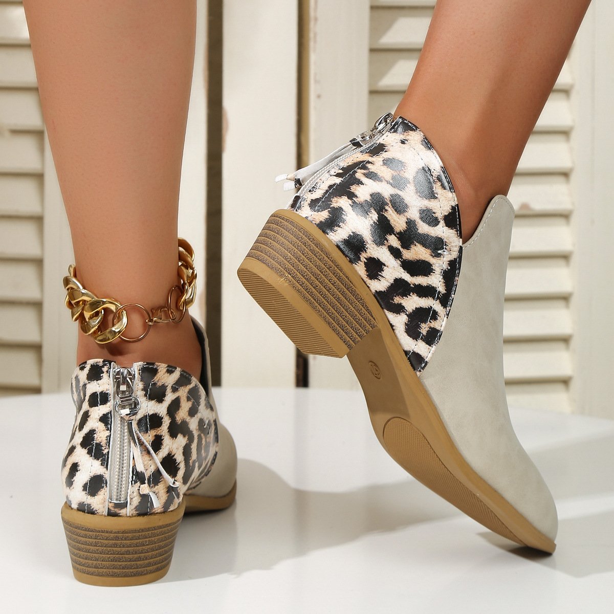 Fashion Leopard Print Boots Women Pointed Toe Chunky Heel Back Zipper Shoes by Fashion Aaj Kal