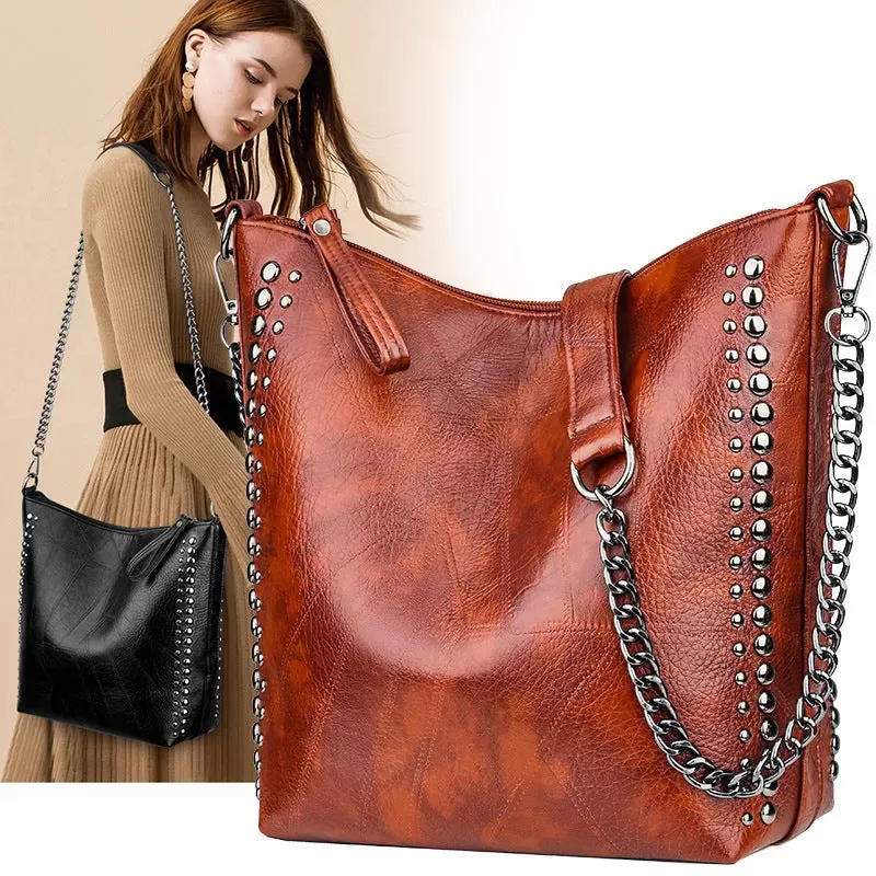 Soft leather studded large capacity crossbody bag