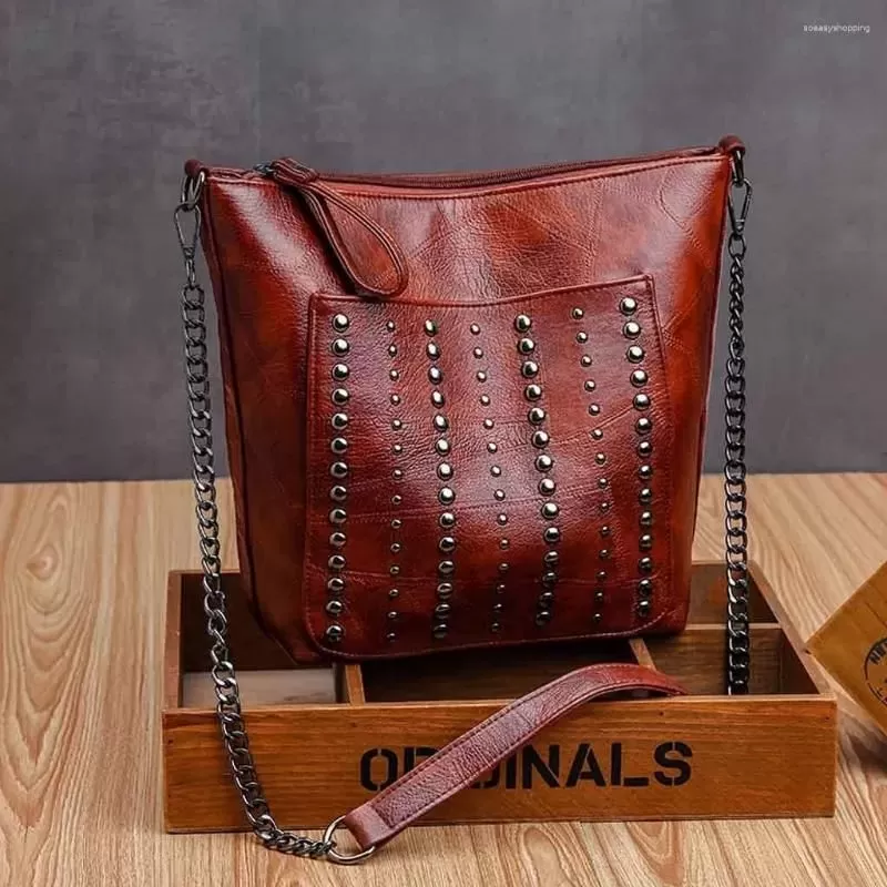 Soft leather studded large capacity crossbody bag