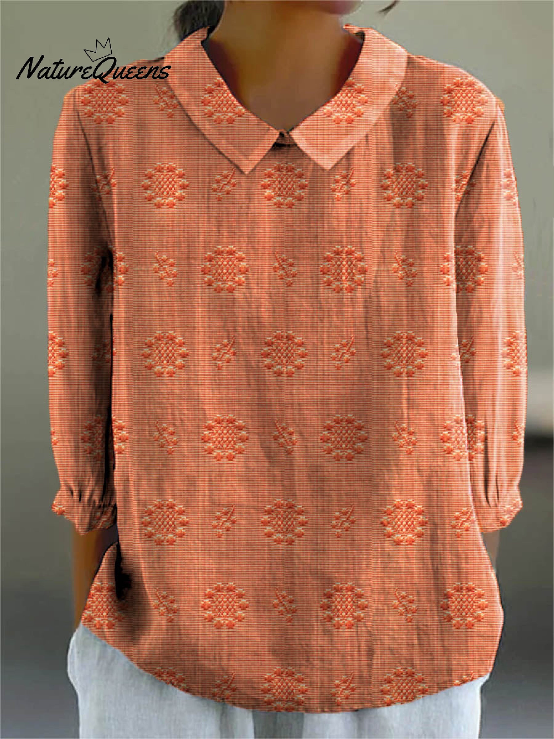 Women's Vintage Floral Art Print Casual Cotton And Linen 3/4 Sleeve Shirt