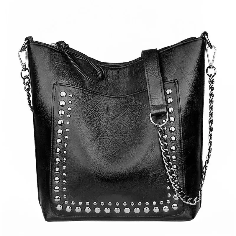 Soft leather studded large capacity crossbody bag