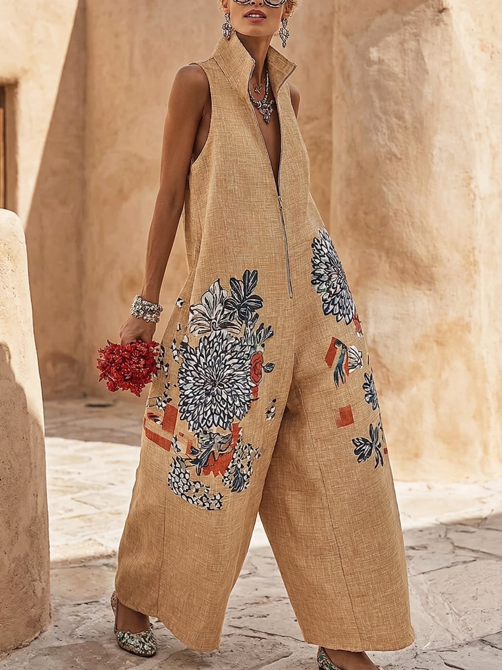 Retro Floral Print Zip-front Wide-leg Cotton-linen Jumpsuit