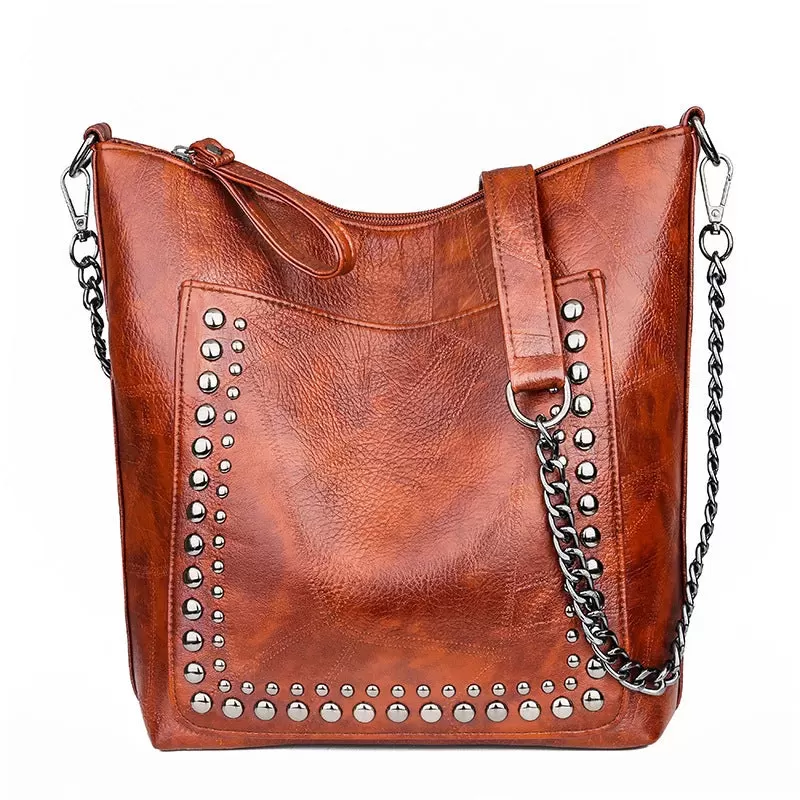Soft leather studded large capacity crossbody bag