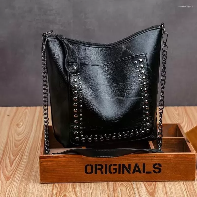 Soft leather studded large capacity crossbody bag