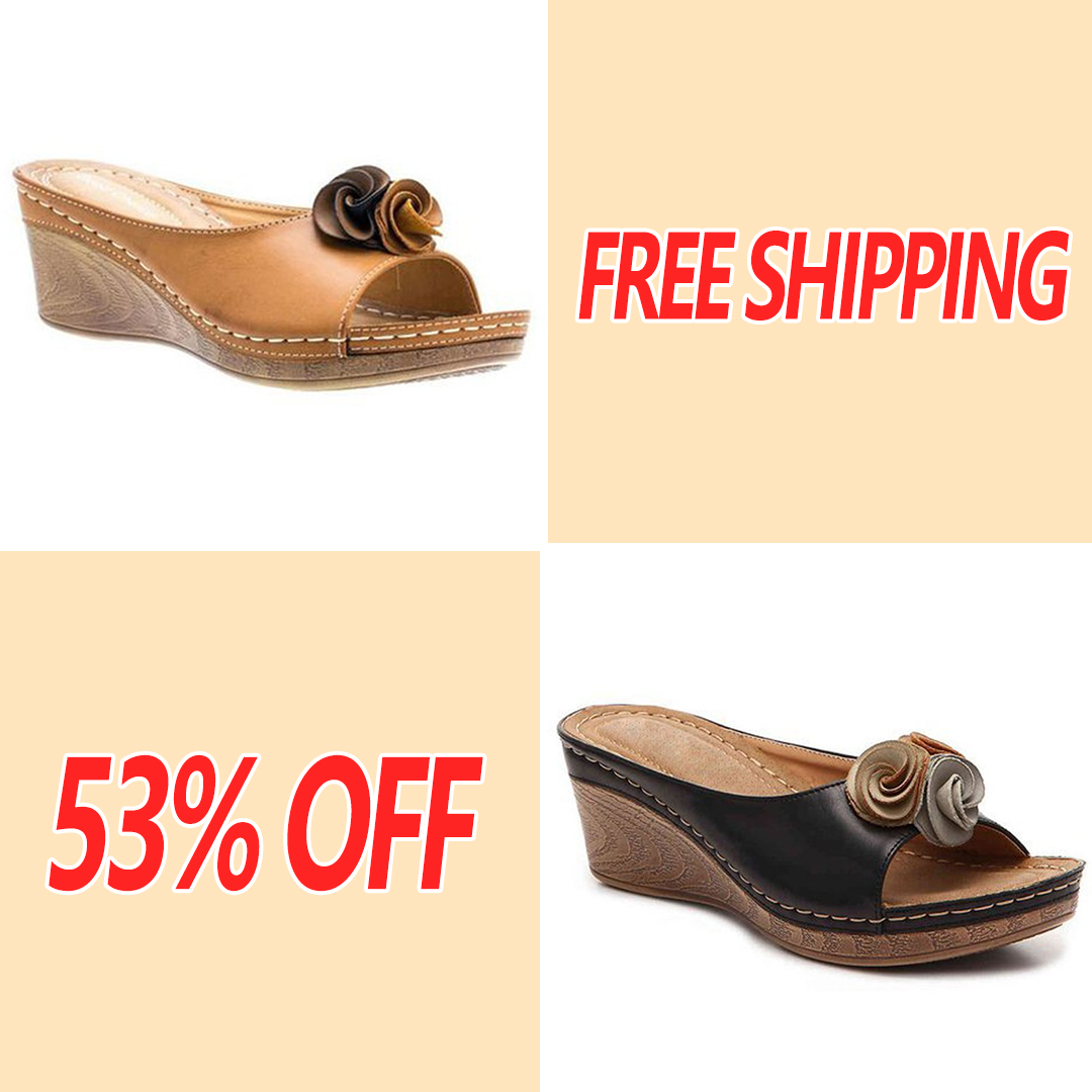 😍Last Day 55% OFF😍-Womens Comfy Leather Solid Flower Strap Wedge Sandals👡