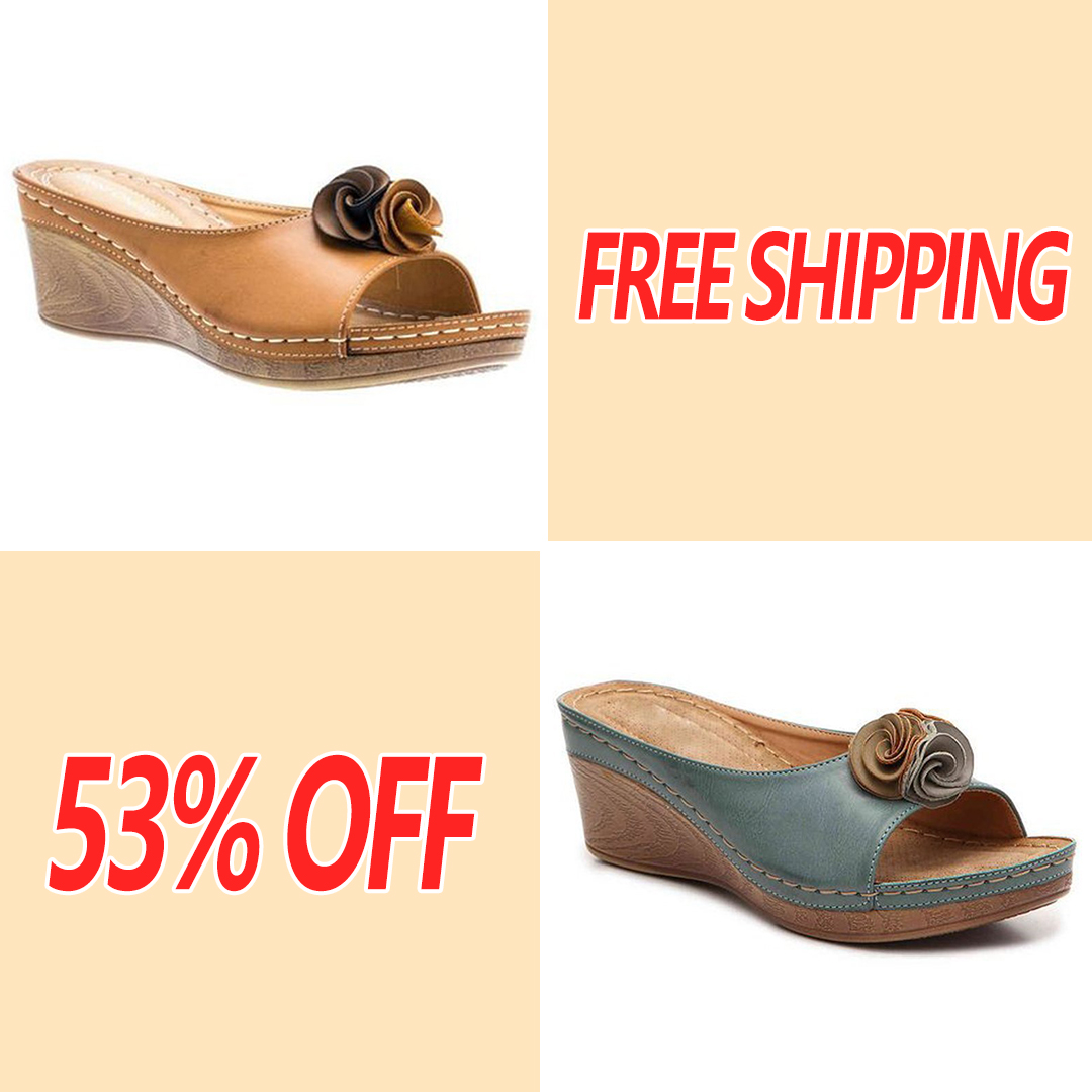 😍Last Day 55% OFF😍-Womens Comfy Leather Solid Flower Strap Wedge Sandals👡