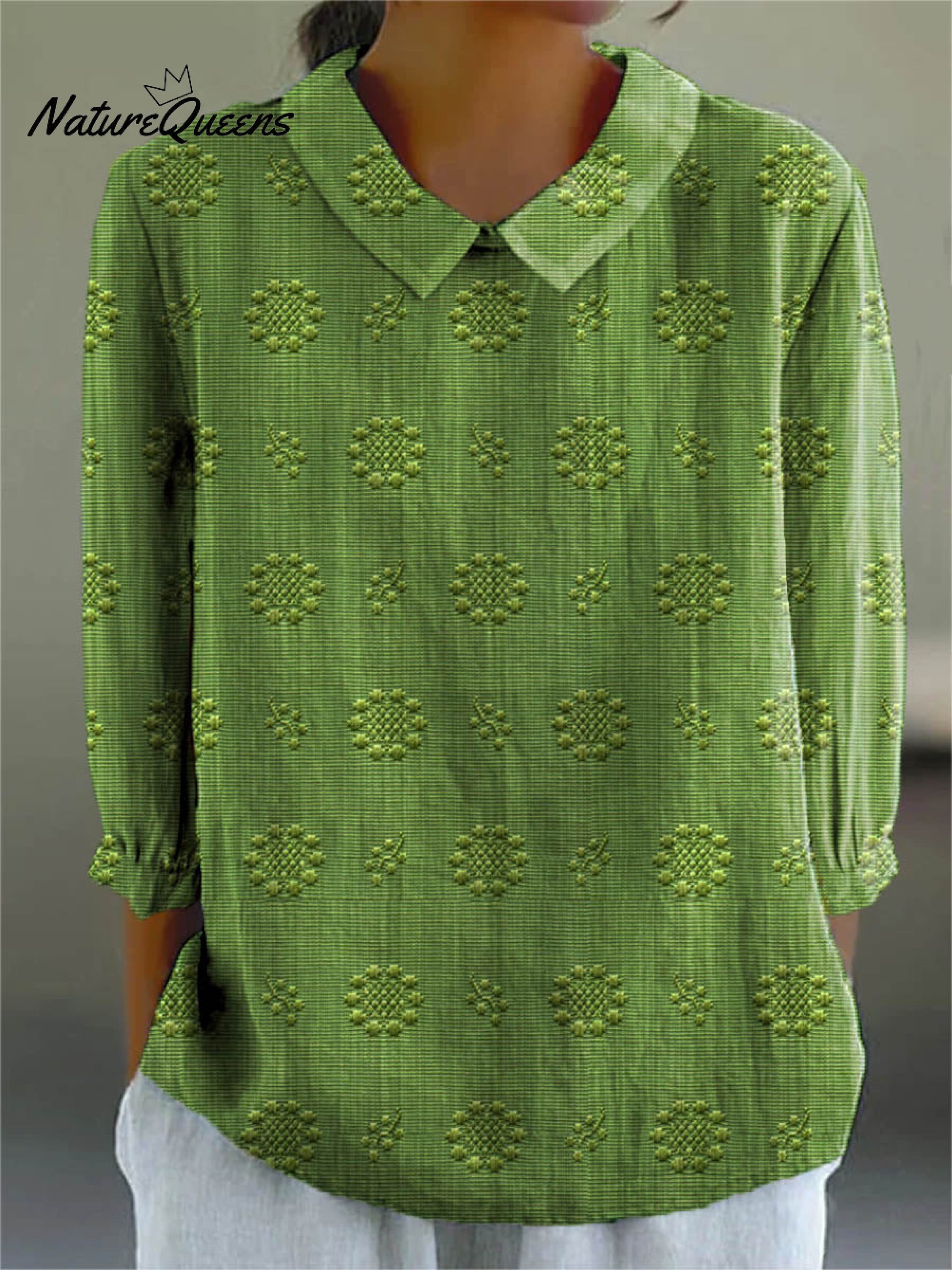 Women's Vintage Floral Art Print Casual Cotton And Linen 3/4 Sleeve Shirt