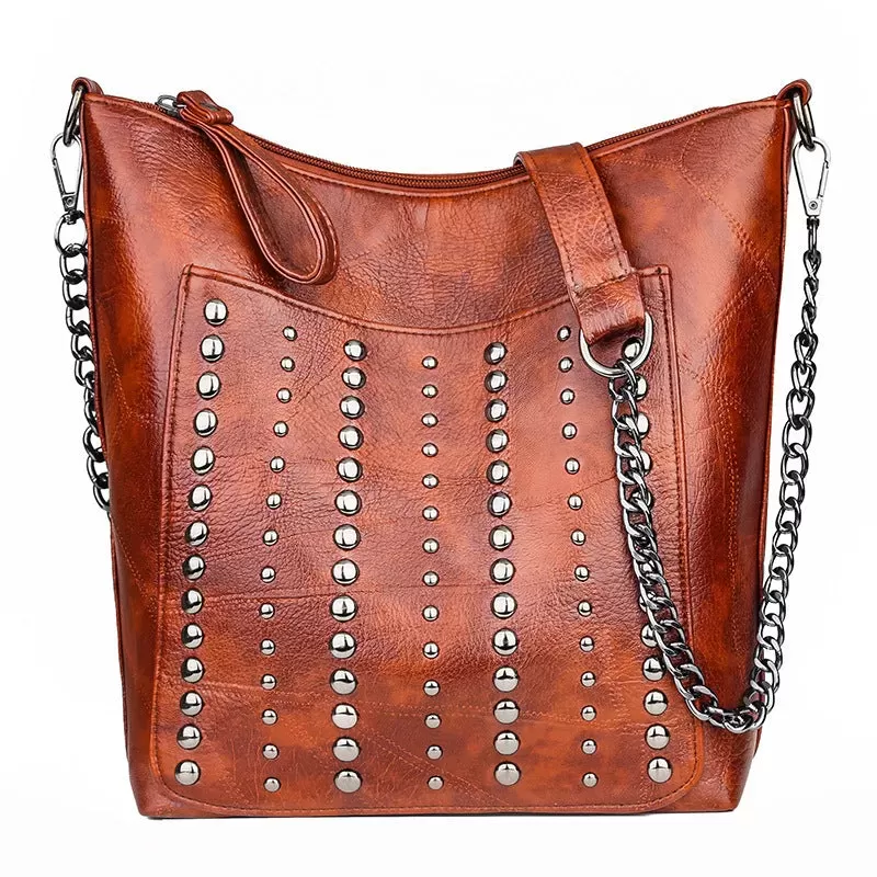 Soft leather studded large capacity crossbody bag