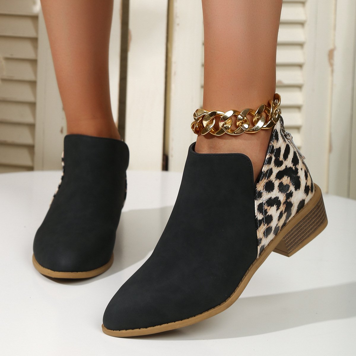 Fashion Leopard Print Boots Women Pointed Toe Chunky Heel Back Zipper Shoes by Fashion Aaj Kal