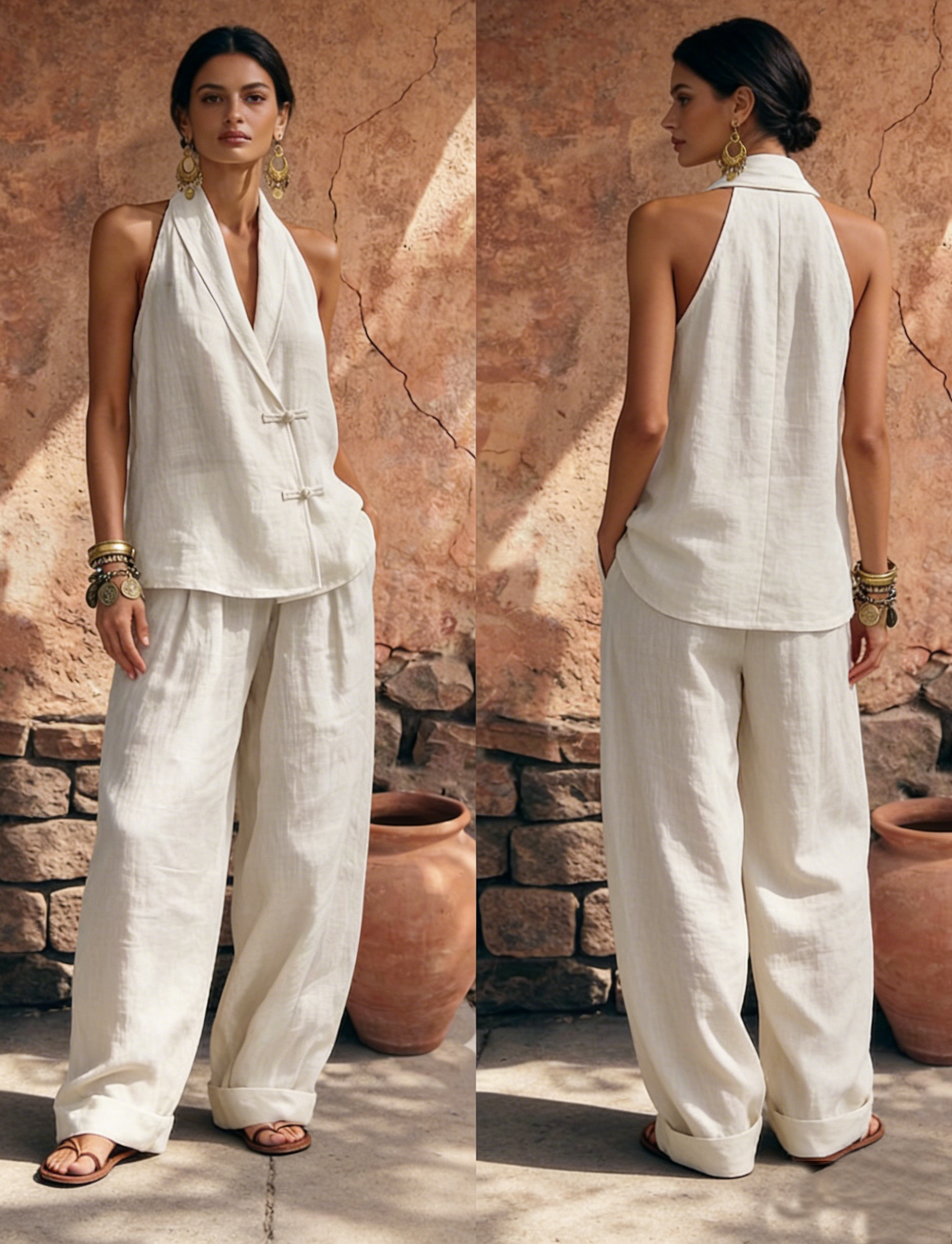 Stylish & Elegant Frog Closures Cotton-linen Two-piece Set