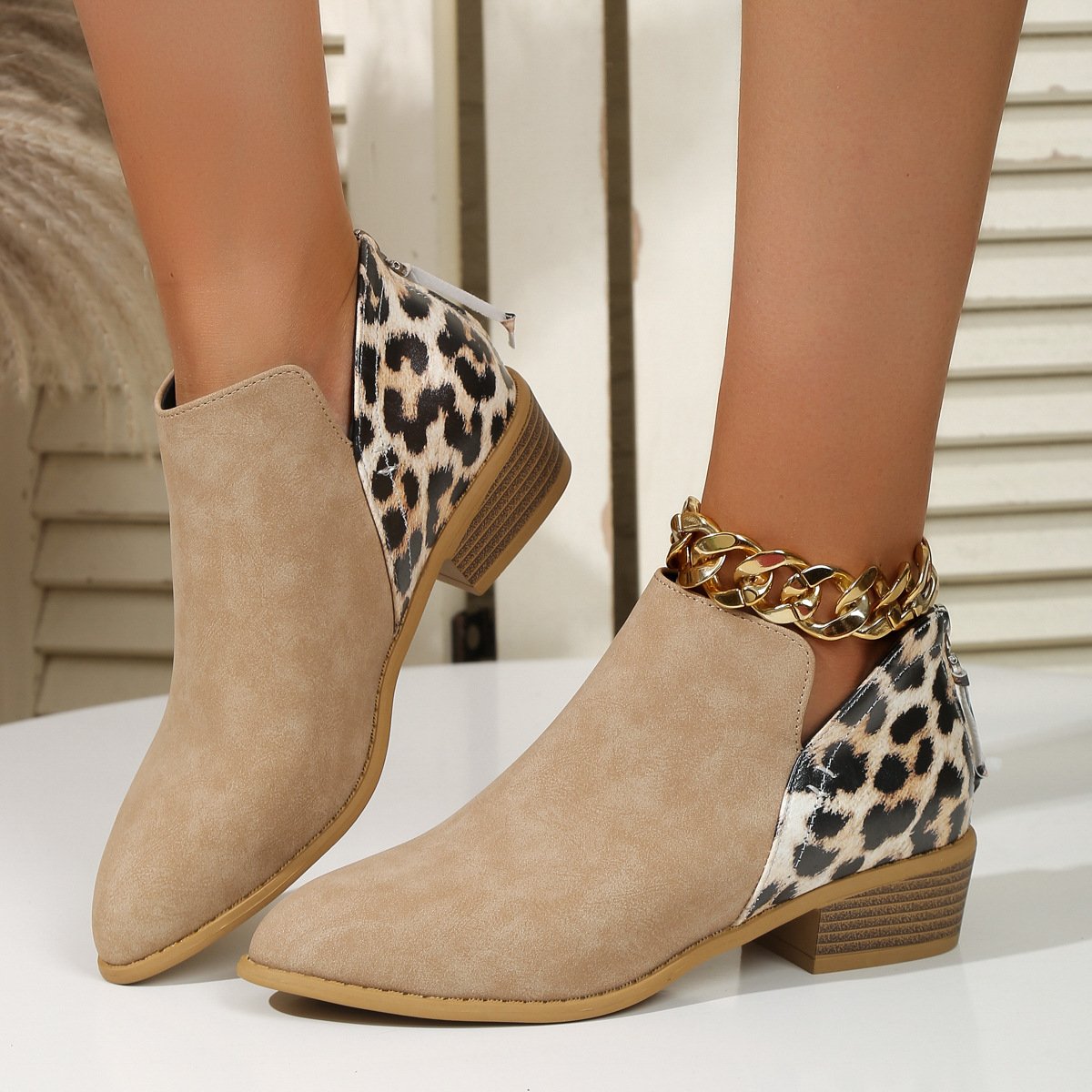 Fashion Leopard Print Boots Women Pointed Toe Chunky Heel Back Zipper Shoes by Fashion Aaj Kal