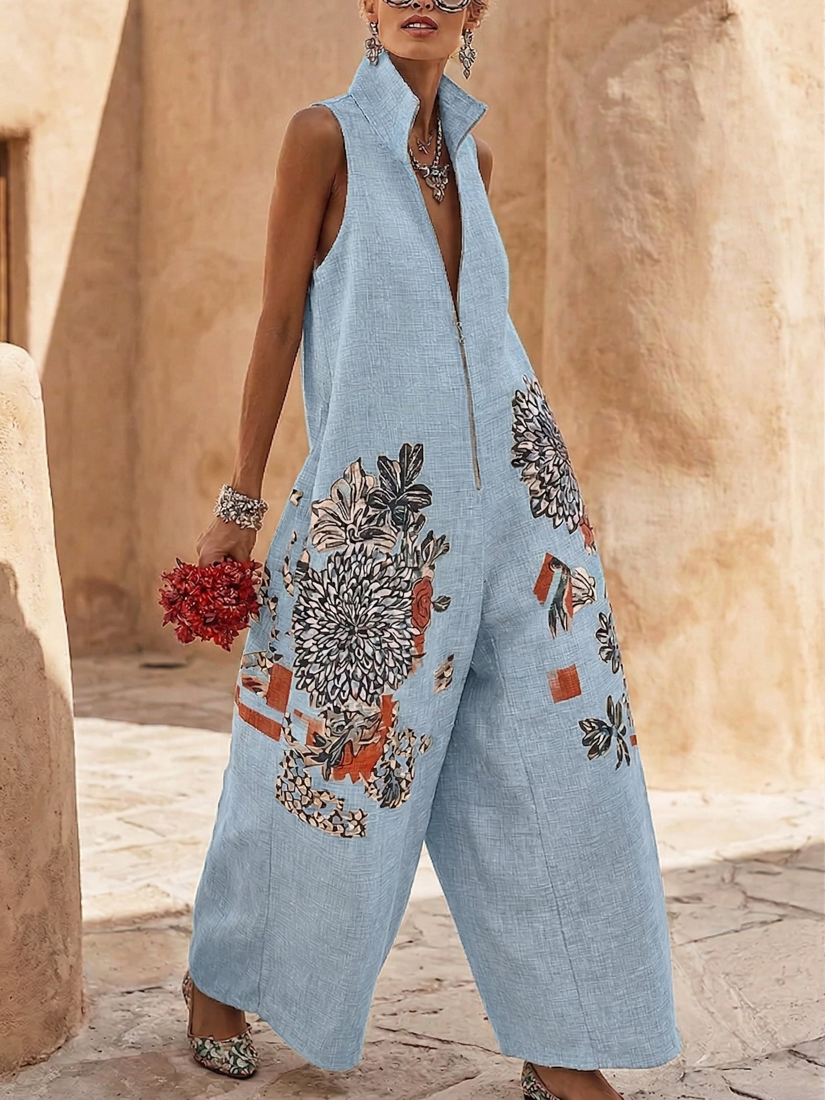 Retro Floral Print Zip-front Wide-leg Cotton-linen Jumpsuit