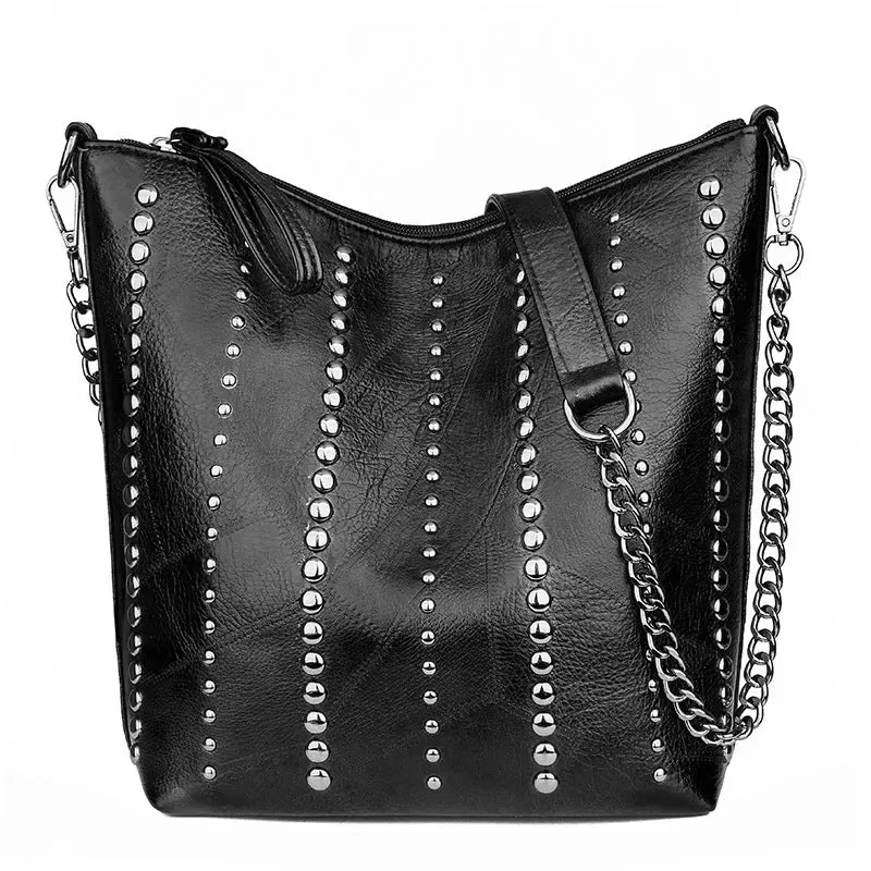 Soft leather studded large capacity crossbody bag