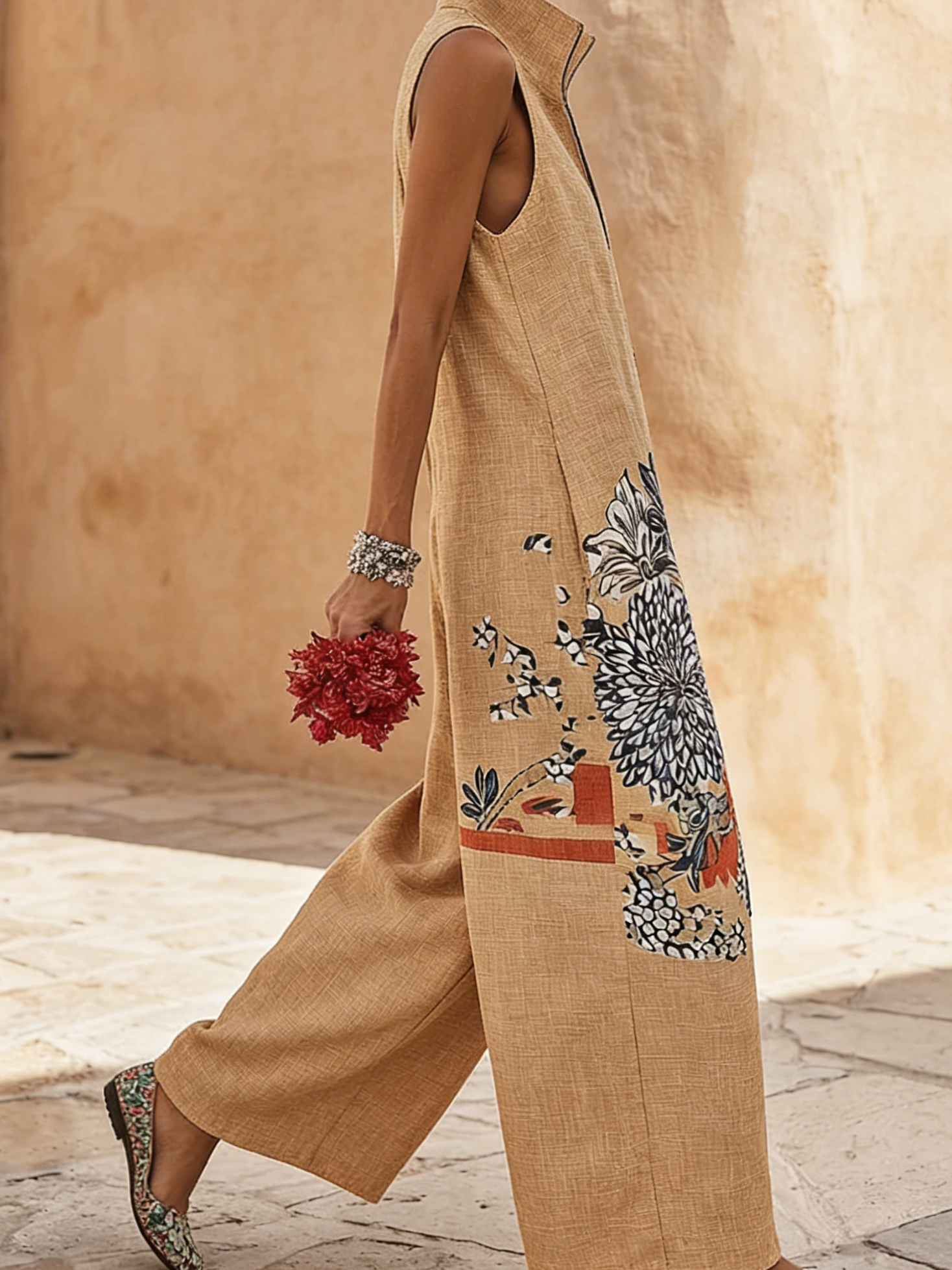 Retro Floral Print Zip-front Wide-leg Cotton-linen Jumpsuit