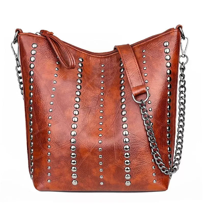 Soft leather studded large capacity crossbody bag