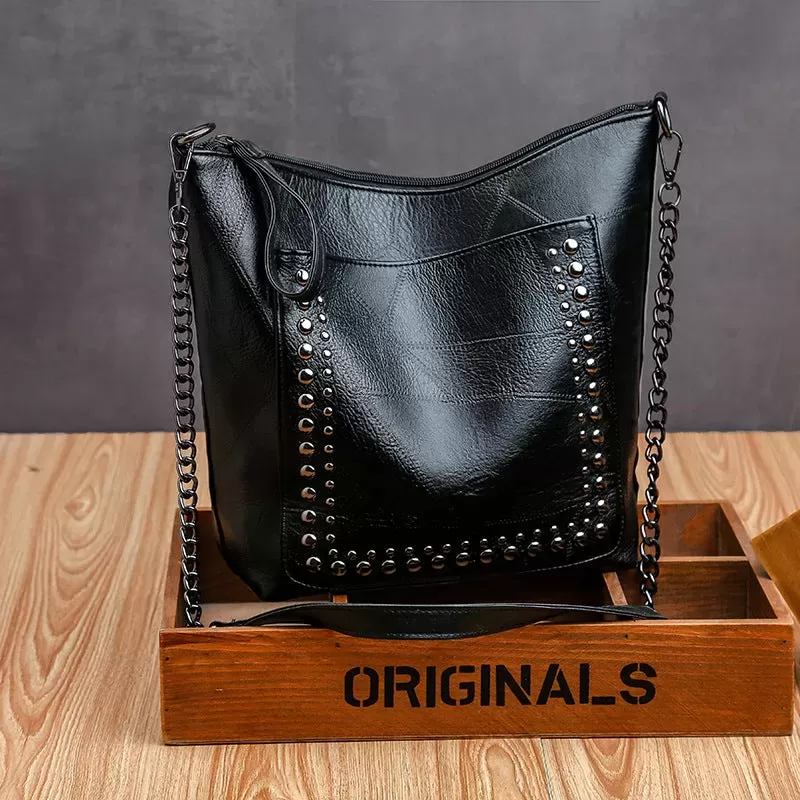 Soft leather studded large capacity crossbody bag