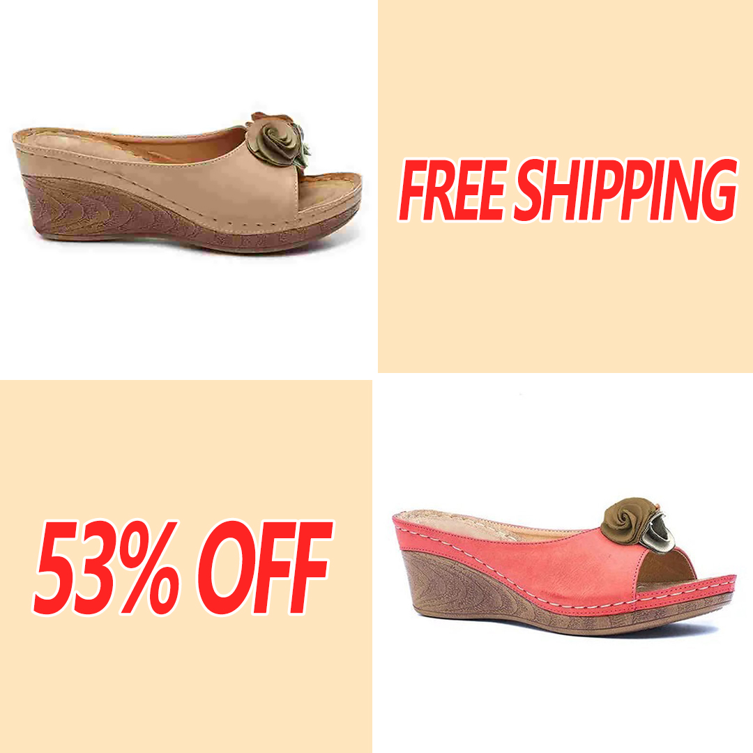 😍Last Day 55% OFF😍-Womens Comfy Leather Solid Flower Strap Wedge Sandals👡