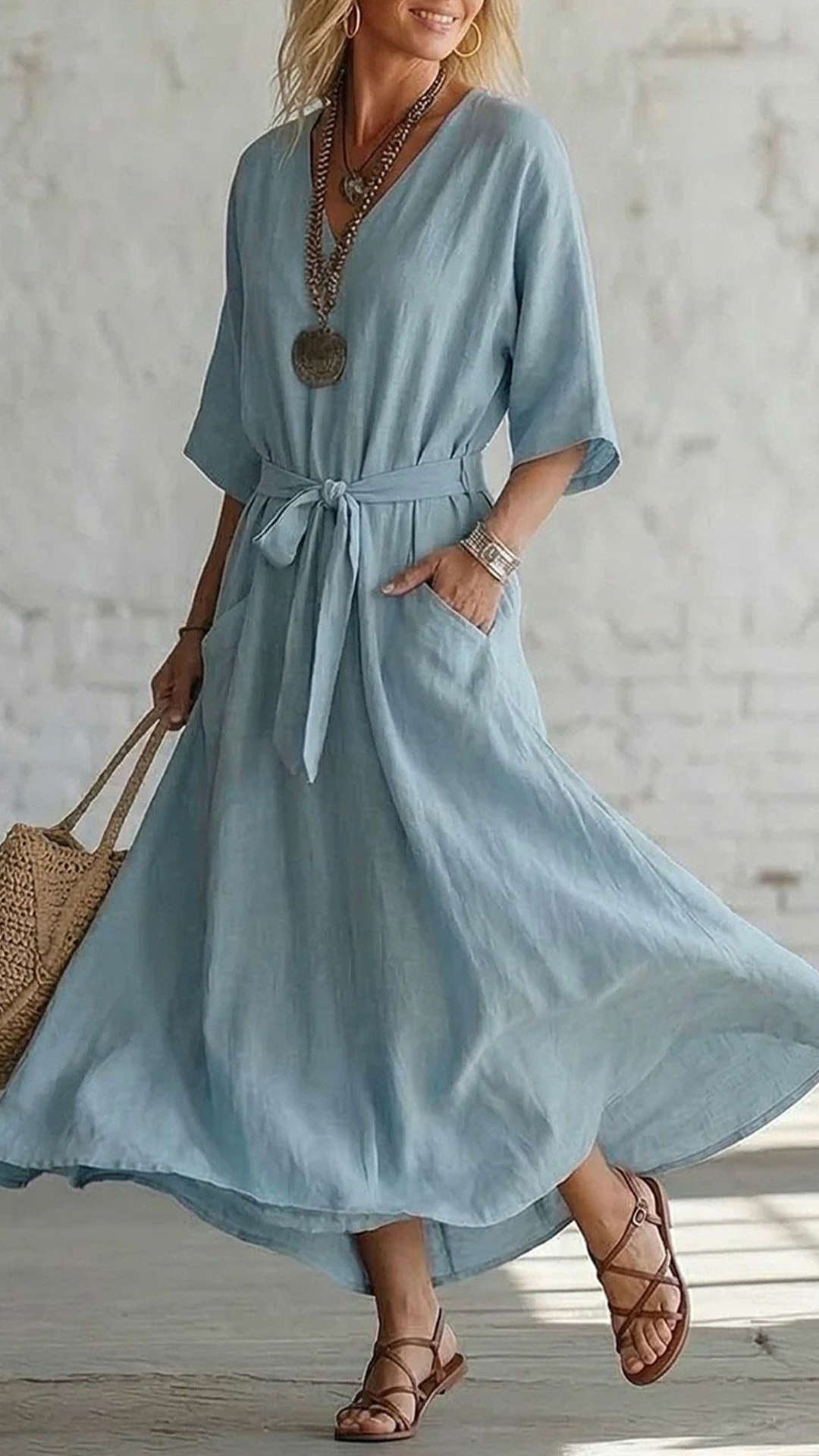 Women's Cotton-Blend V-Neck Waisted Midi Dress