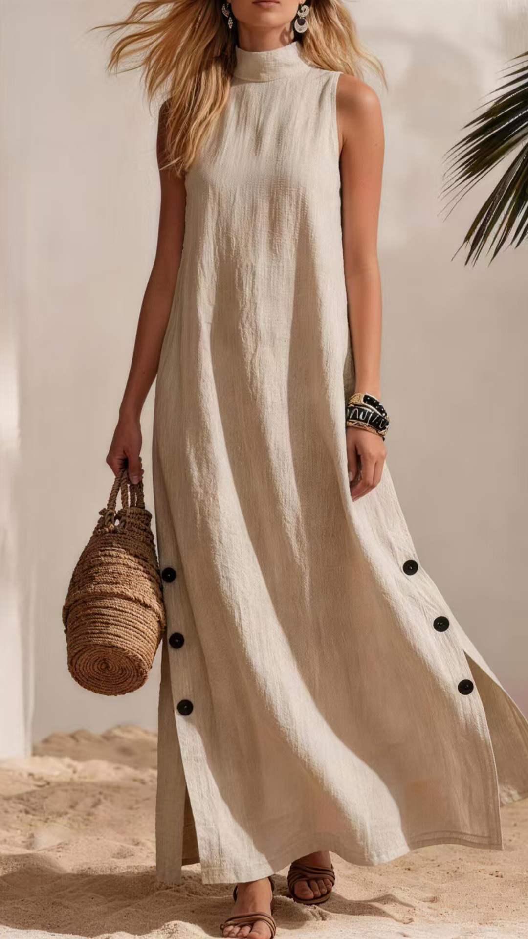 Women's Cotton-Blend High-Neck Sleeveless Slit Maxi Dress