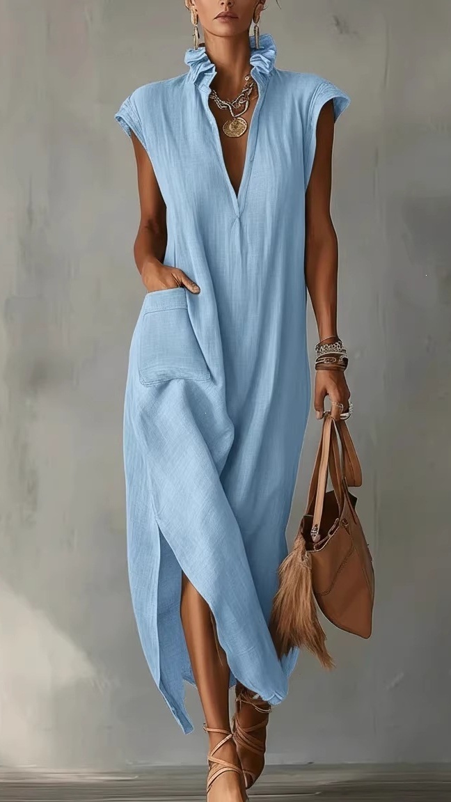 Women's Cotton-Linen Sleeveless Solid-Color Loose-Fit V-Neck Dress