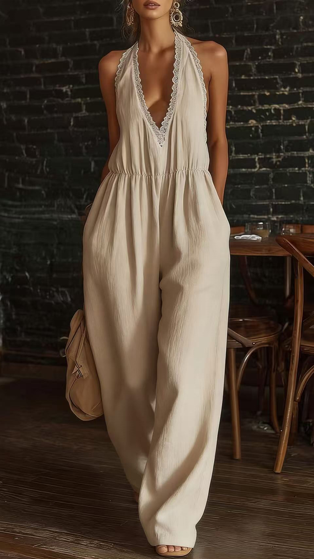 Women's Linen-Cotton Lace Halter Wide-Leg Jumpsuit