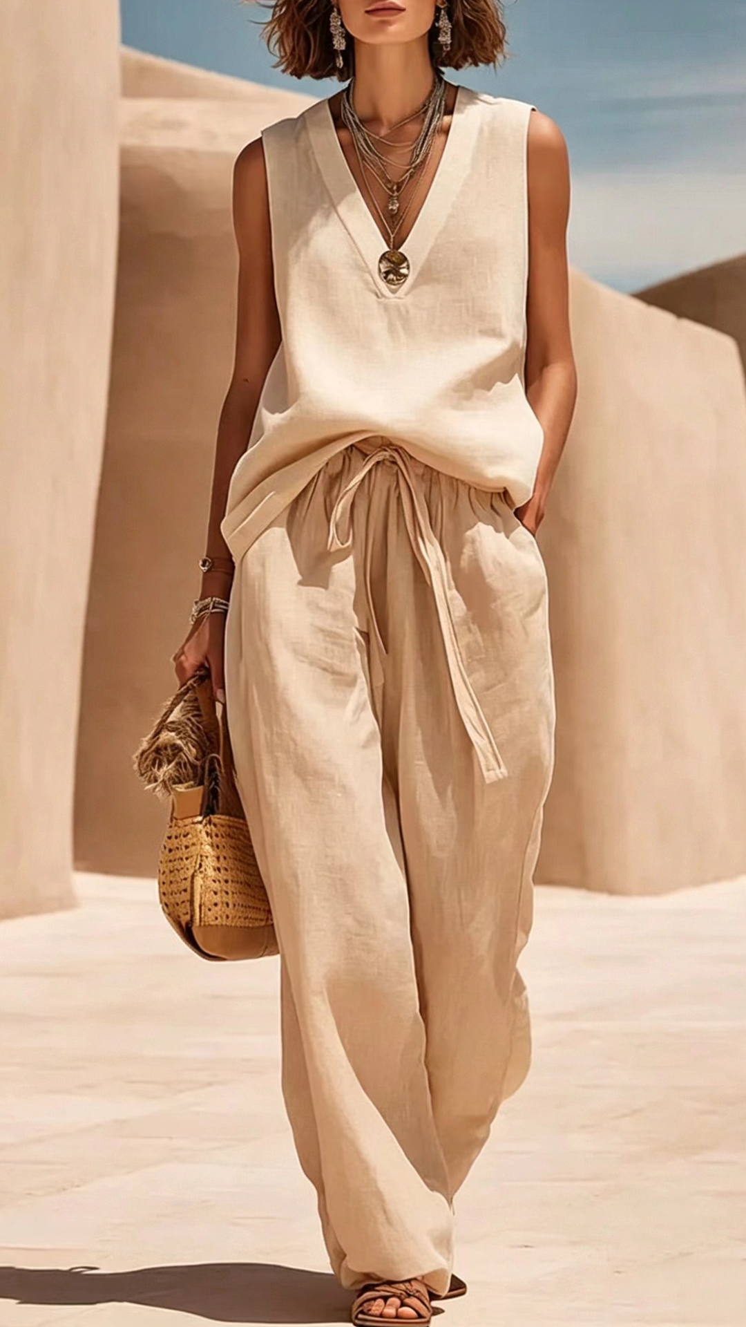 [Copy]Women's Solid Color V-neck Long Sleeve Casual Loose Cotton Linen Top With Elastic Waist And Wide-leg Pants Set