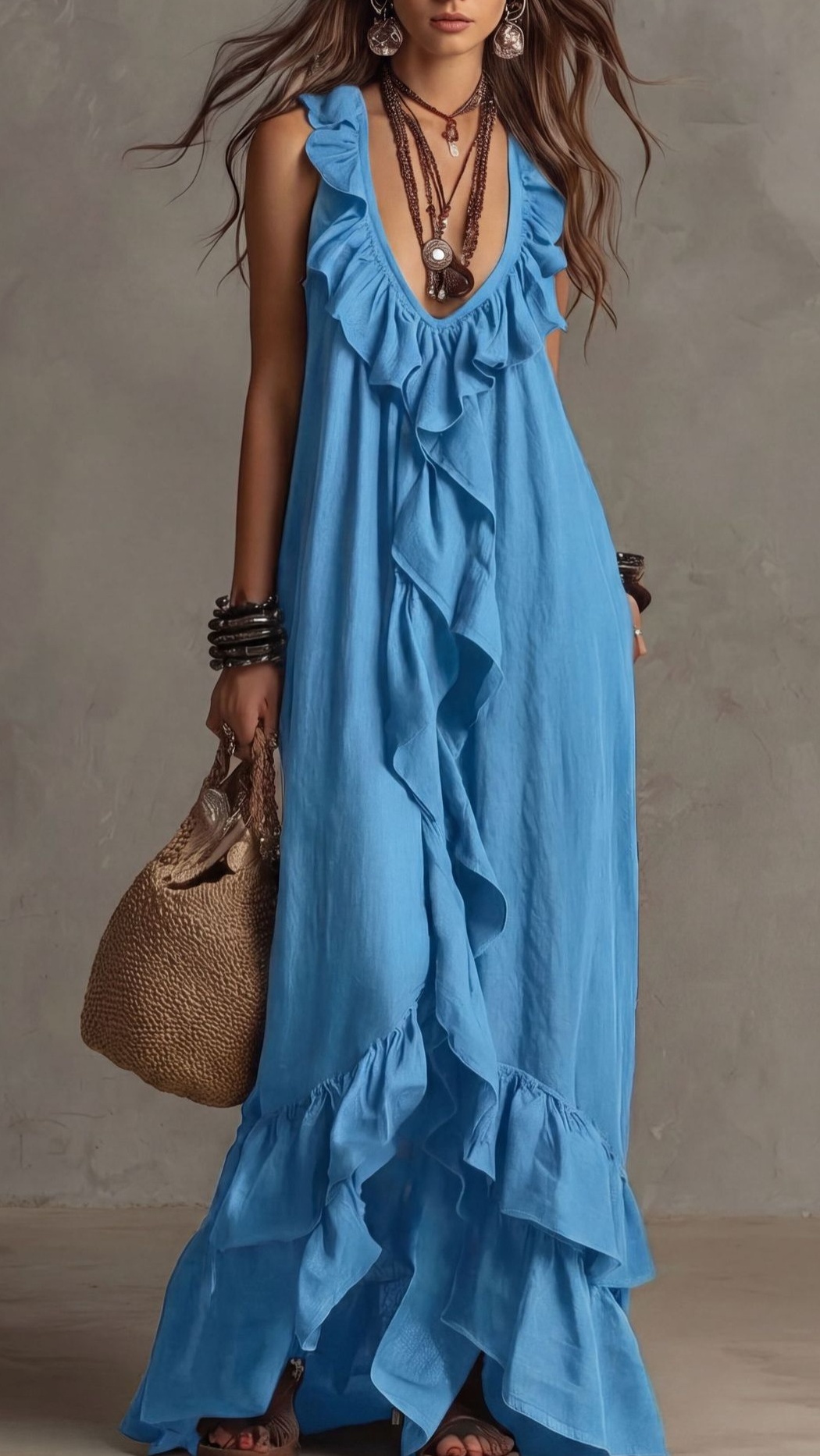 Women's Casual Bohemian V-Neck Short-Sleeve Ruffled Vintage Dress