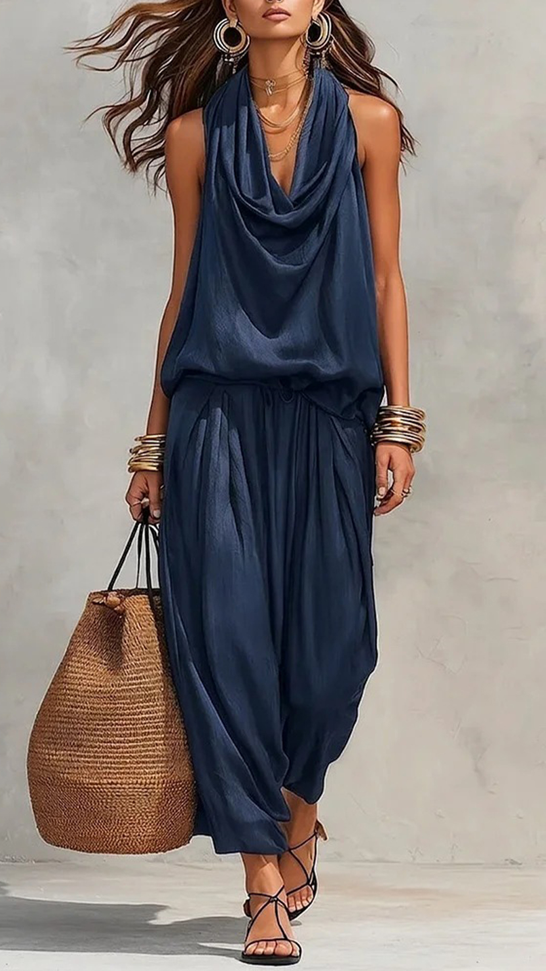 Women's Cotton-Blend Cowl Neck Sleeveless Wide-Leg Pants Set