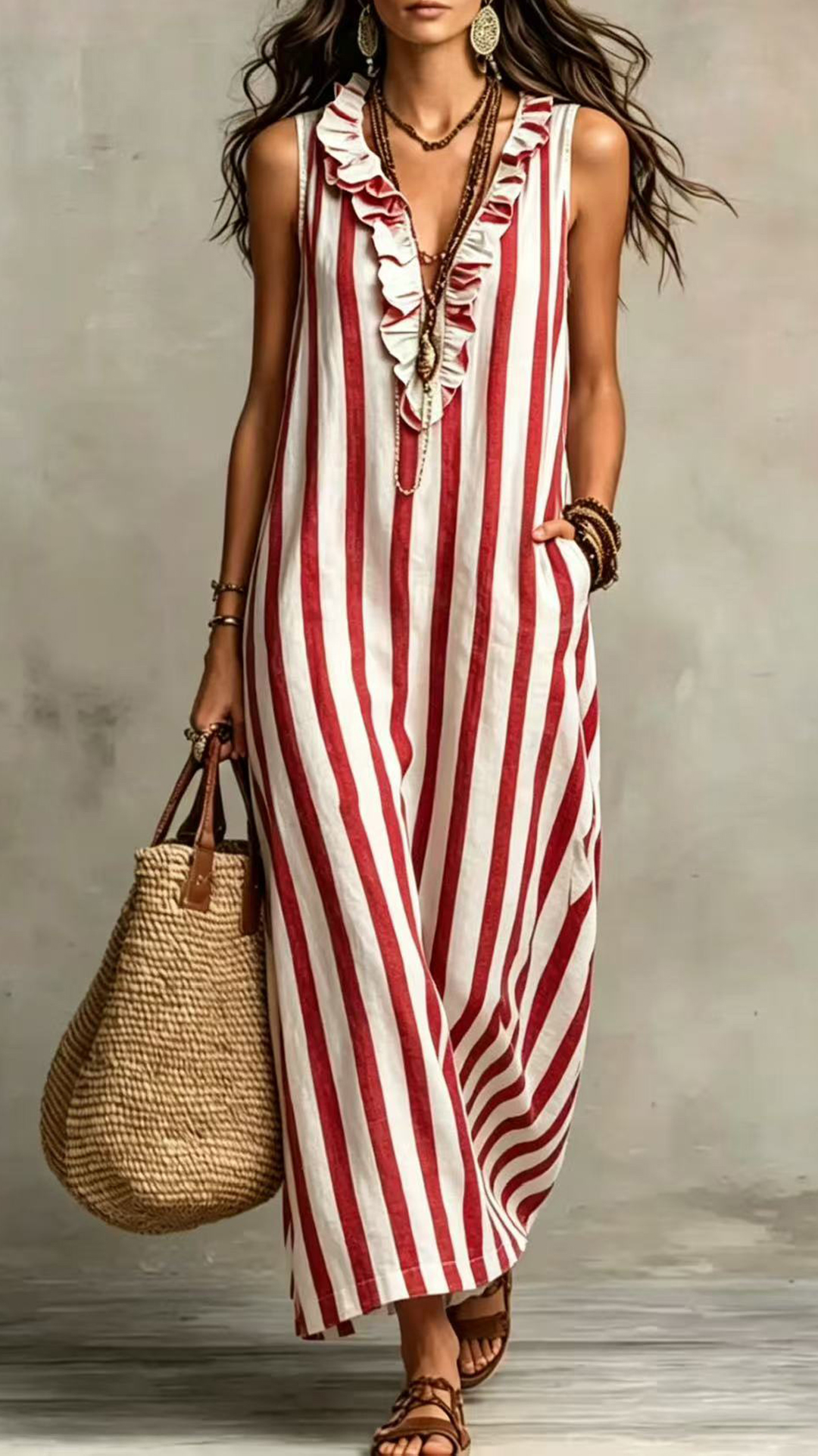 Women's Cotton-Blend Striped Sleeveless Maxi Dress